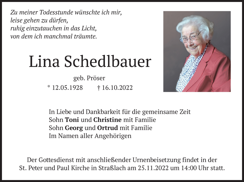  Traueranzeige für Lina Schedlbauer vom 19.11.2022 aus merkurtz