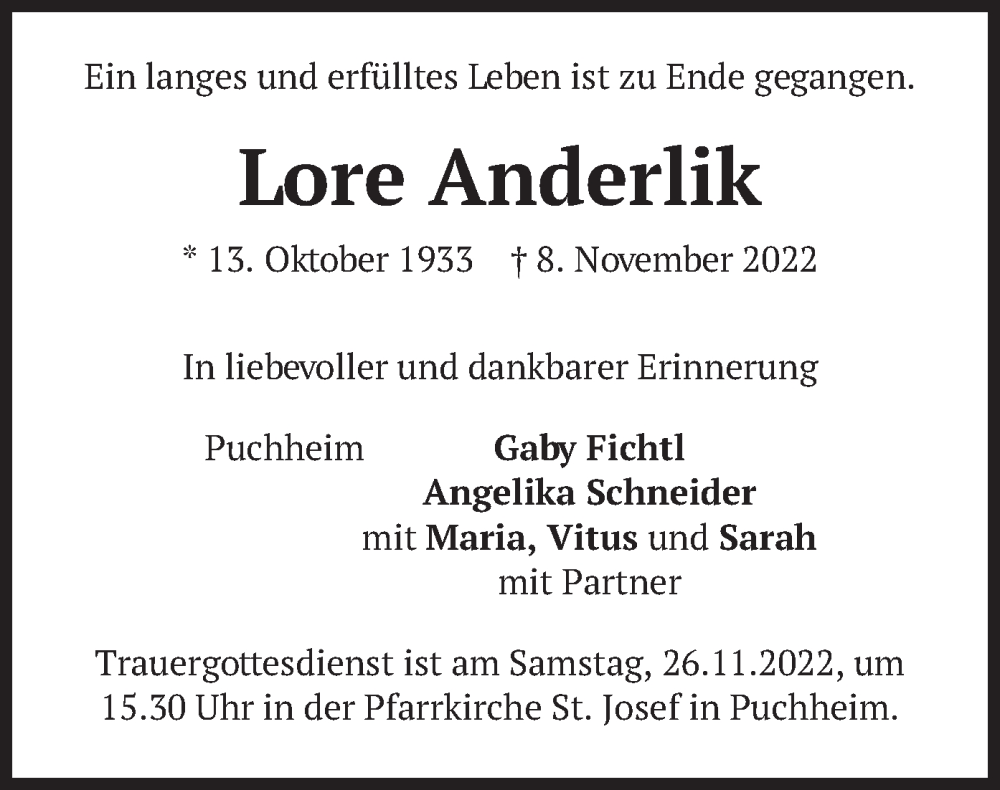  Traueranzeige für Lore Anderlik vom 19.11.2022 aus merkurtz