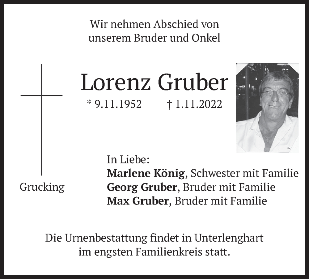  Traueranzeige für Lorenz Gruber vom 04.11.2022 aus merkurtz