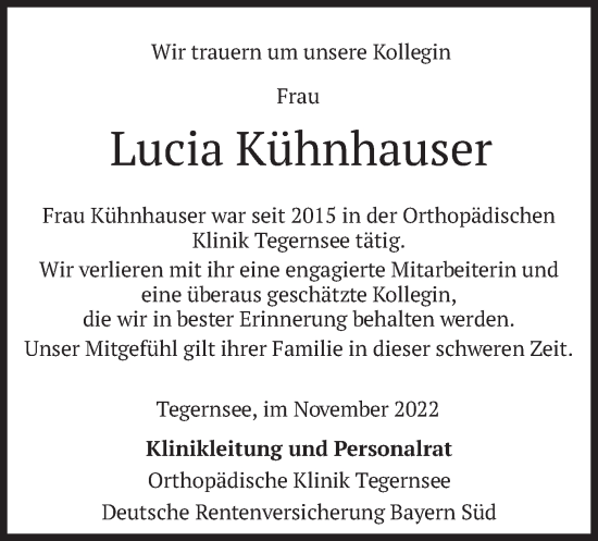 Traueranzeige von Lucia Kühnhauser von merkurtz