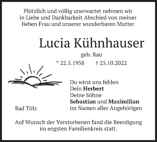 Traueranzeige von Lucia Kühnhauser von merkurtz