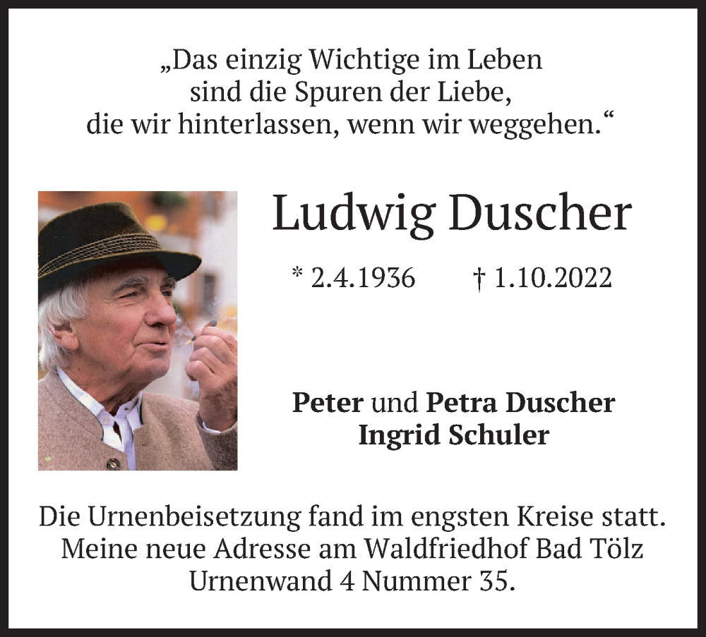  Traueranzeige für Ludwig Duscher vom 26.11.2022 aus merkurtz