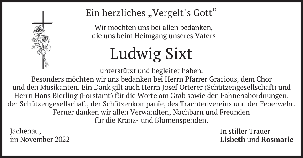  Traueranzeige für Ludwig Sixt vom 26.11.2022 aus merkurtz