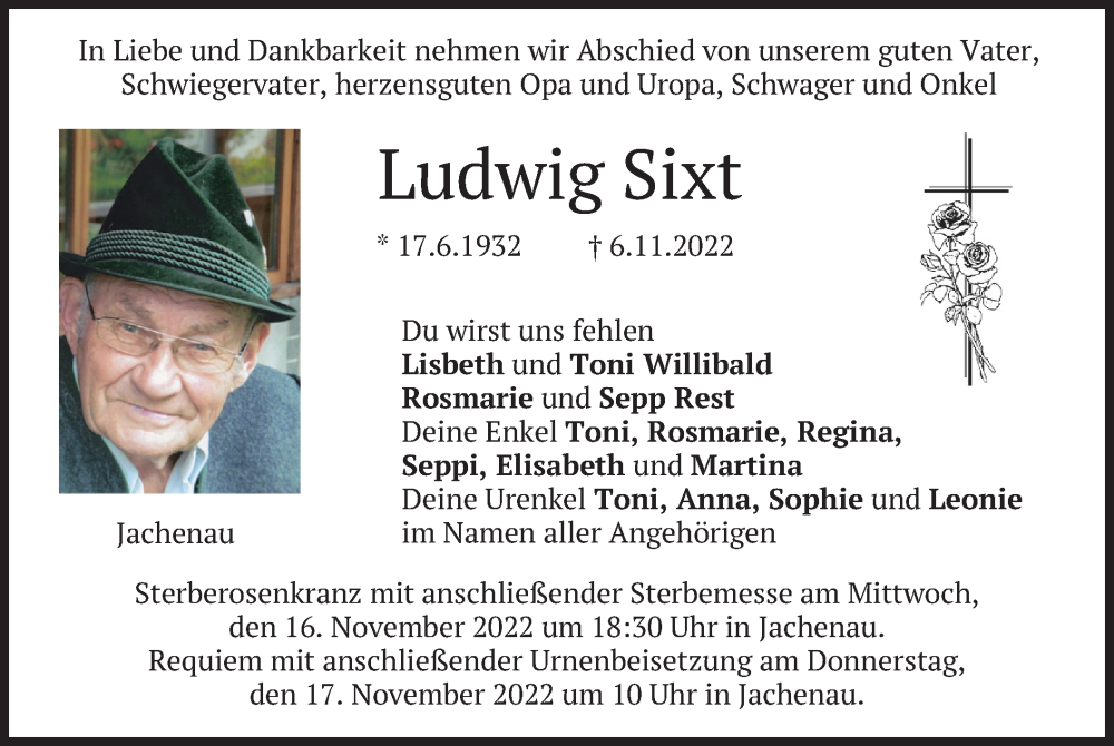  Traueranzeige für Ludwig Sixt vom 14.11.2022 aus merkurtz