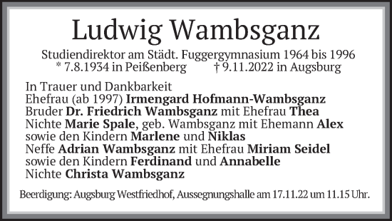 Traueranzeige von Ludwig Wambsganz von merkurtz