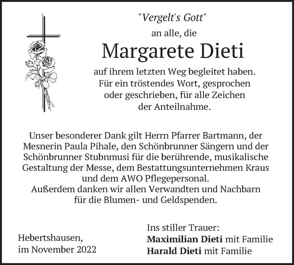  Traueranzeige für Margarete Dieti vom 12.11.2022 aus merkurtz