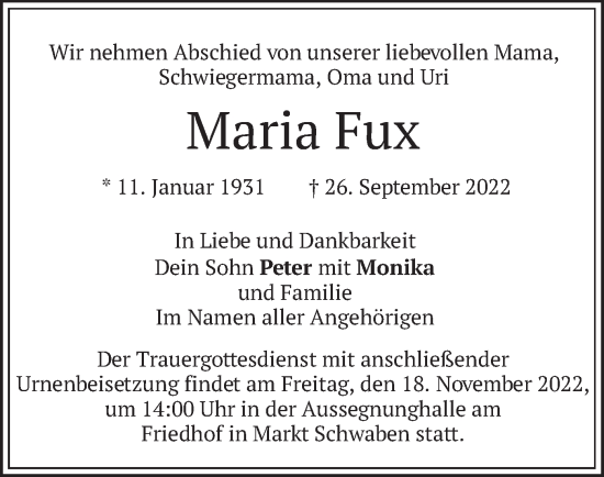 Traueranzeige von Maria Fux von merkurtz