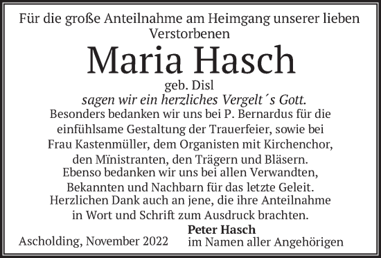 Traueranzeige von Maria Hasch von merkurtz