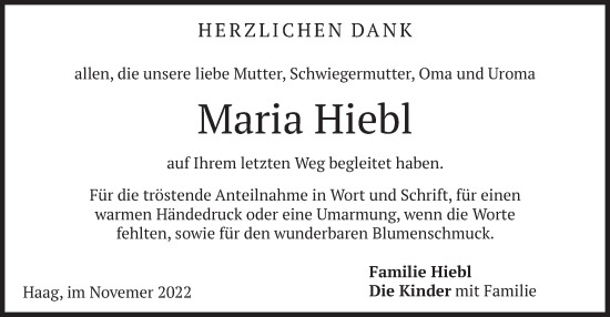 Traueranzeige von Maria Hiebl von merkurtz