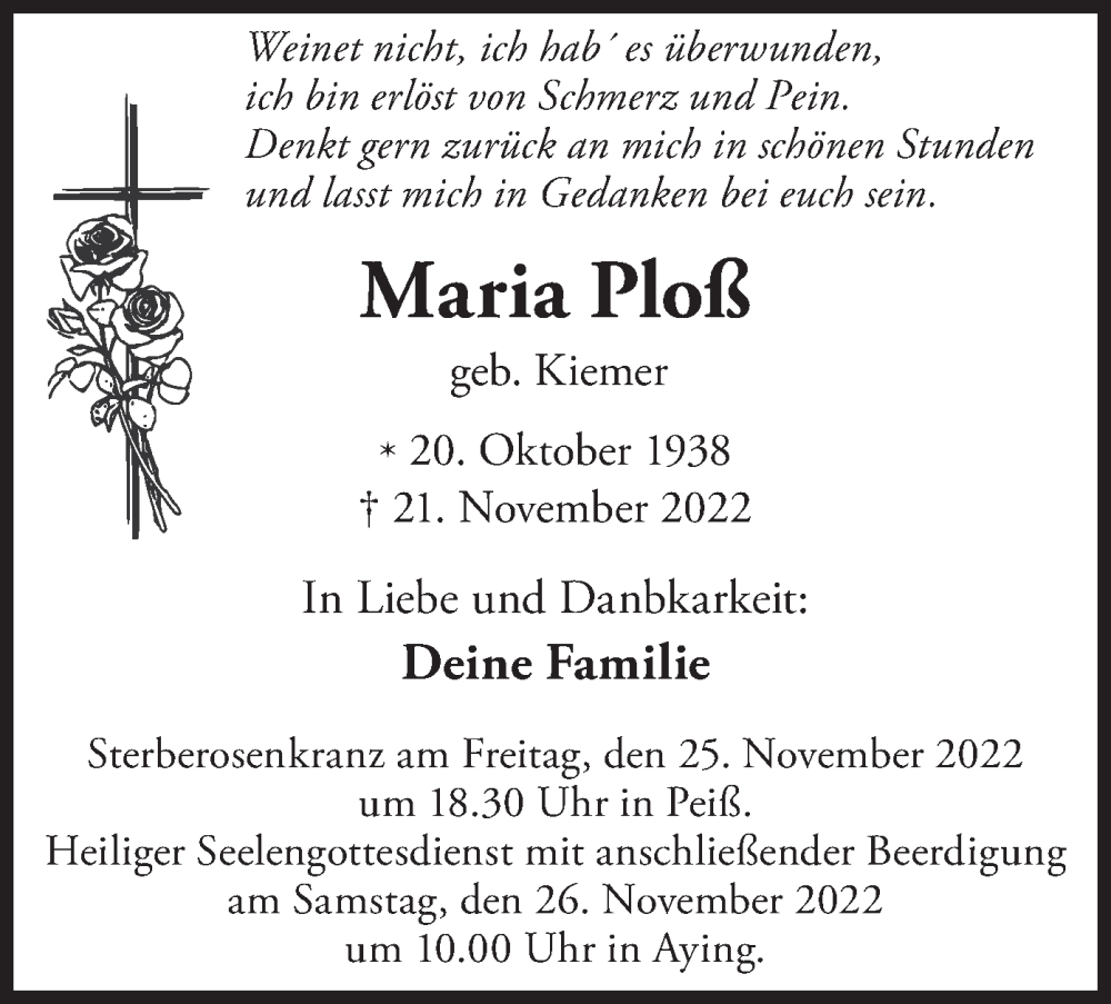  Traueranzeige für Maria Ploß vom 24.11.2022 aus merkurtz