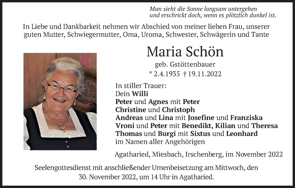  Traueranzeige für Maria Schön vom 26.11.2022 aus merkurtz