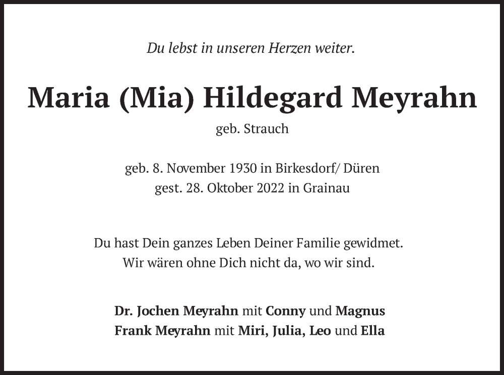  Traueranzeige für Maria Hildegard Meyrahn vom 02.11.2022 aus merkurtz