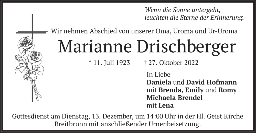  Traueranzeige für Marianne Drischberger vom 12.11.2022 aus merkurtz