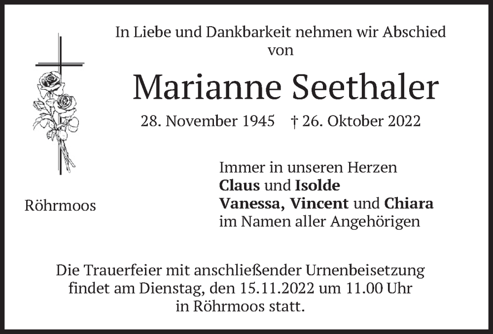  Traueranzeige für Marianne Seethaler vom 12.11.2022 aus merkurtz
