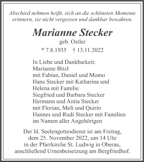 Traueranzeige von Marianne Stecker von merkurtz