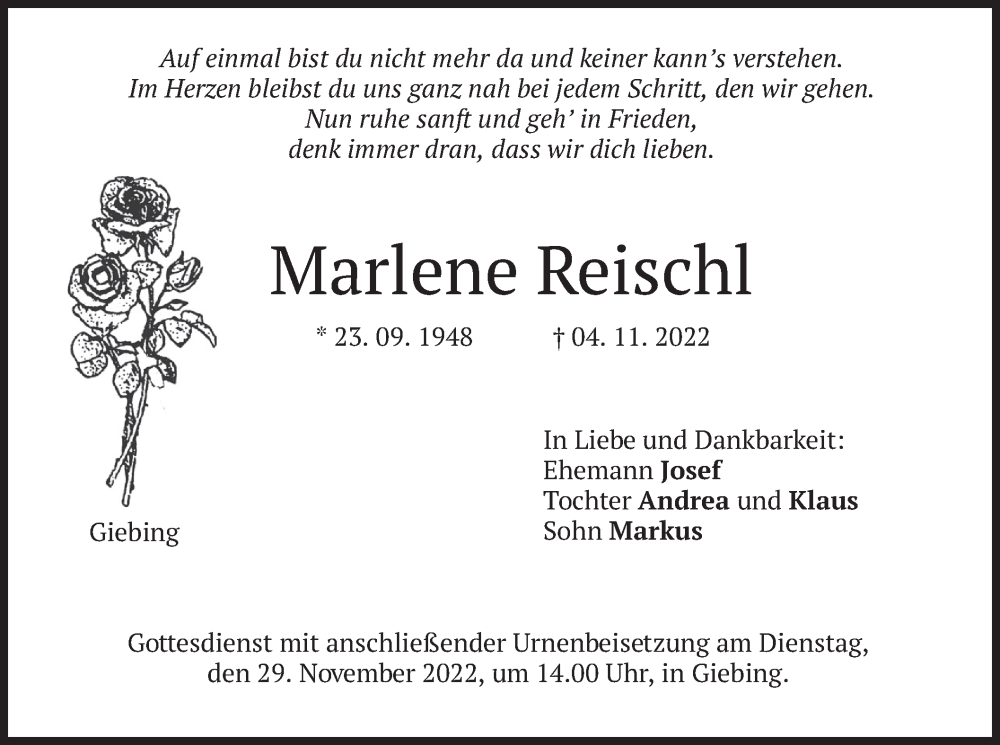  Traueranzeige für Marlene Reischl vom 24.11.2022 aus merkurtz