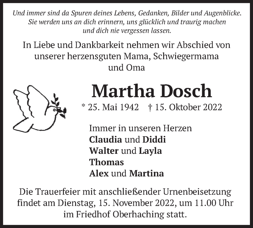  Traueranzeige für Martha Dosch vom 05.11.2022 aus merkurtz