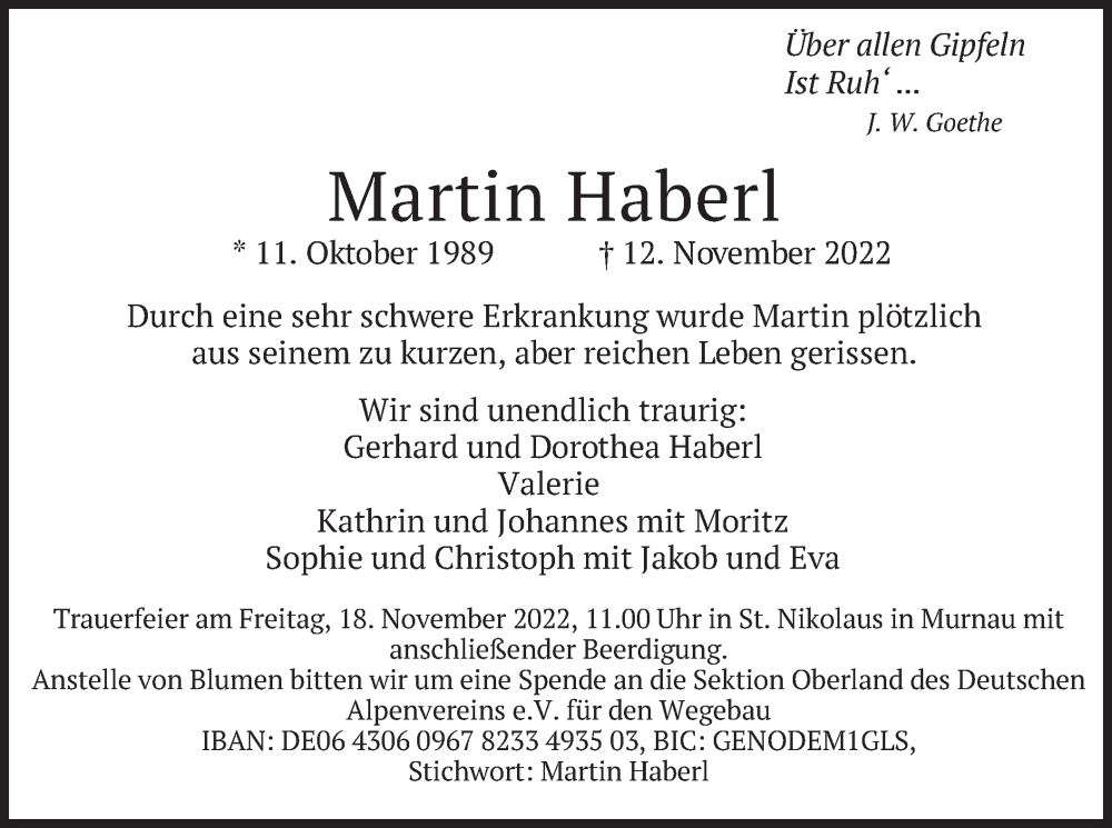  Traueranzeige für Martin Haberl vom 15.11.2022 aus merkurtz