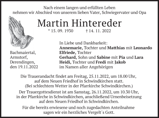 Traueranzeige von Martin Hintereder von merkurtz