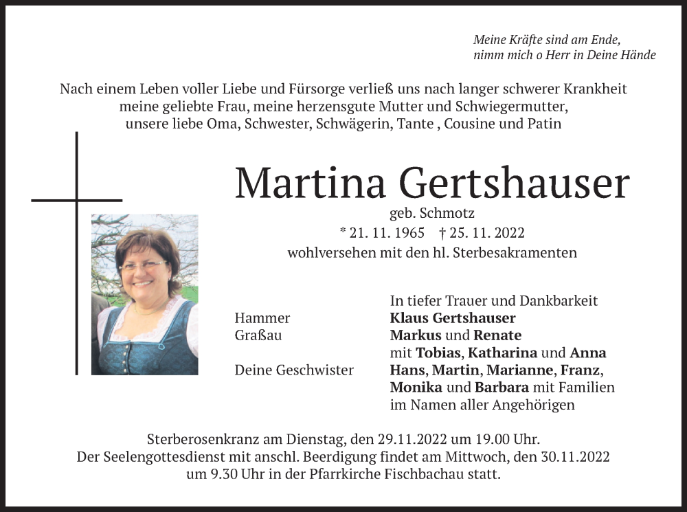  Traueranzeige für Martina Gertshauser vom 28.11.2022 aus merkurtz