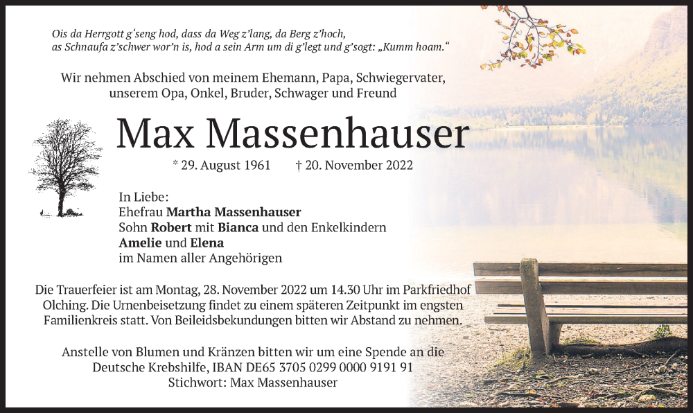  Traueranzeige für Max Massenhauser vom 26.11.2022 aus merkurtz