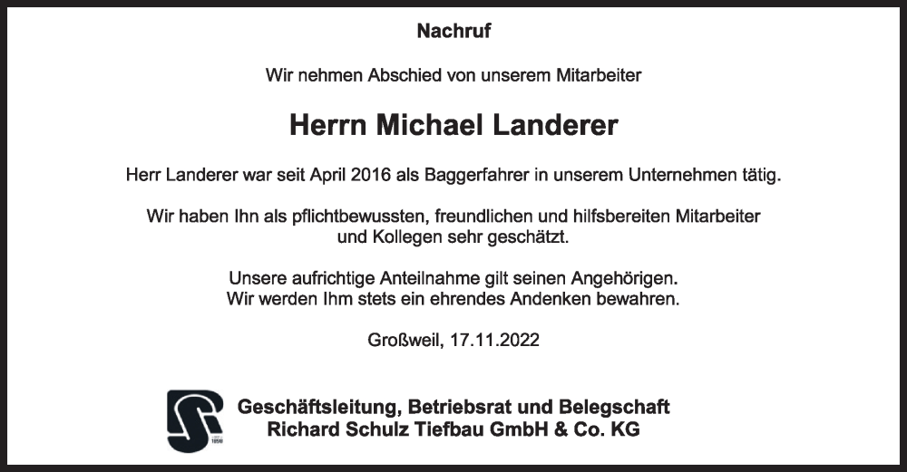  Traueranzeige für Michael Landerer vom 17.11.2022 aus merkurtz