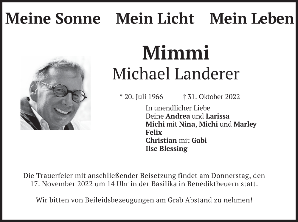  Traueranzeige für Michael Landerer vom 12.11.2022 aus merkurtz