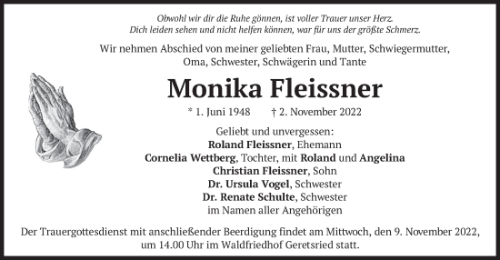 Traueranzeige von Monika Fleissner von merkurtz