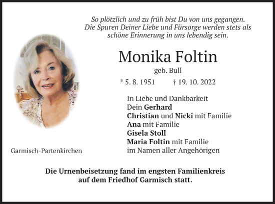 Traueranzeige von Monika Foltin von merkurtz