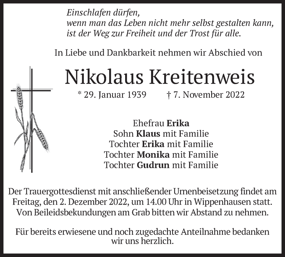  Traueranzeige für Nikolaus Kreitenweis vom 29.11.2022 aus merkurtz