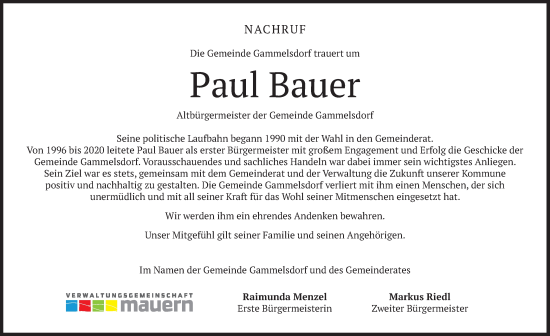 Traueranzeige von Paul Bauer von merkurtz