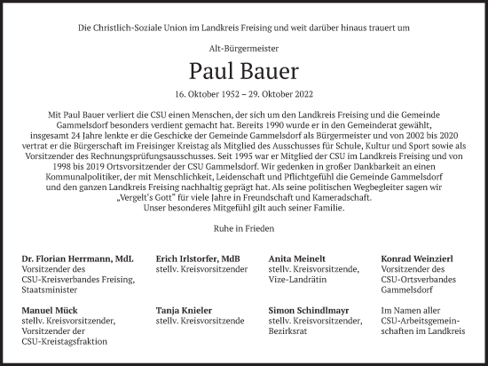 Traueranzeige von Paul Bauer von merkurtz