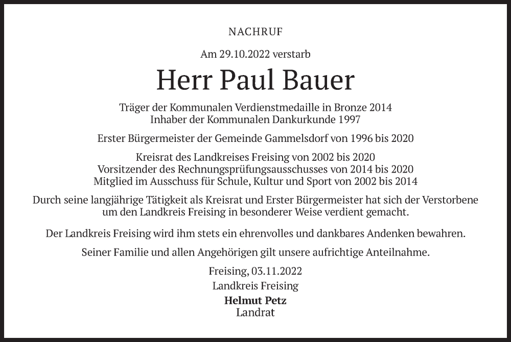  Traueranzeige für Paul Bauer vom 03.11.2022 aus merkurtz