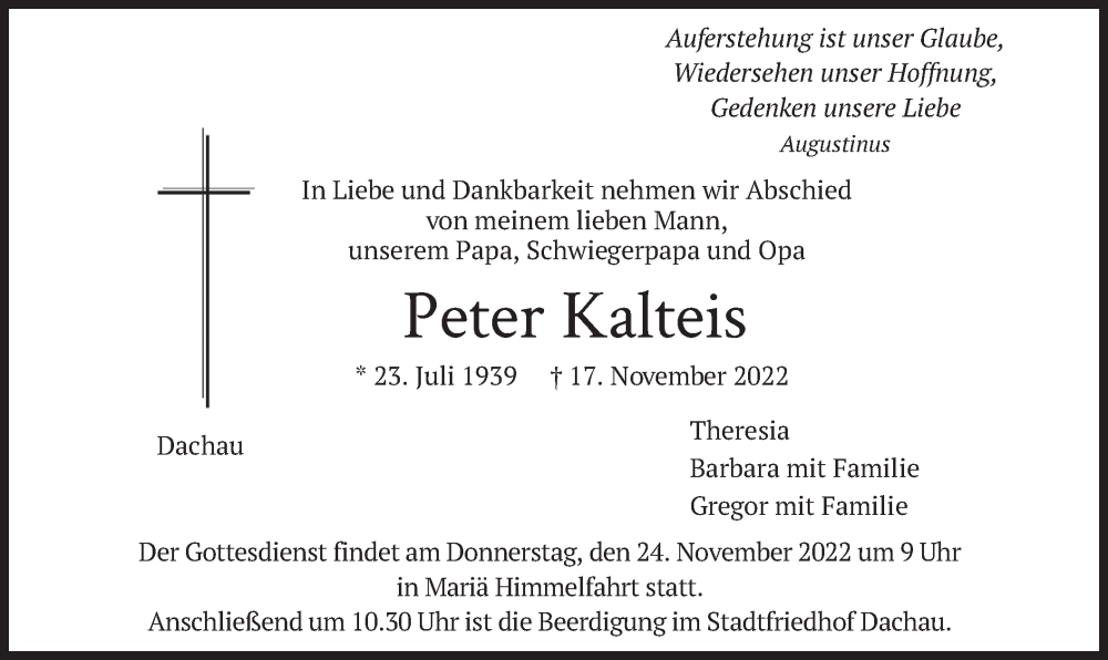  Traueranzeige für Peter Kalteis vom 19.11.2022 aus merkurtz