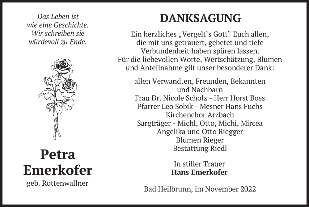  Traueranzeige für Petra Emerkofer vom 19.11.2022 aus merkurtz