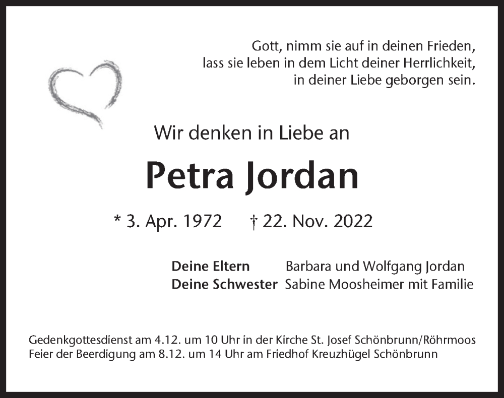  Traueranzeige für Petra Jordan vom 29.11.2022 aus merkurtz