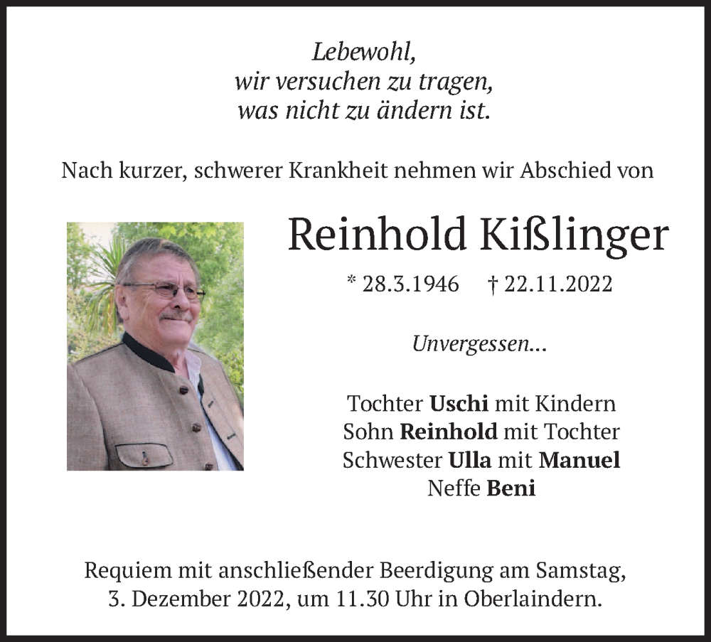 Traueranzeige für Reinhold Kißlinger vom 26.11.2022 aus merkurtz