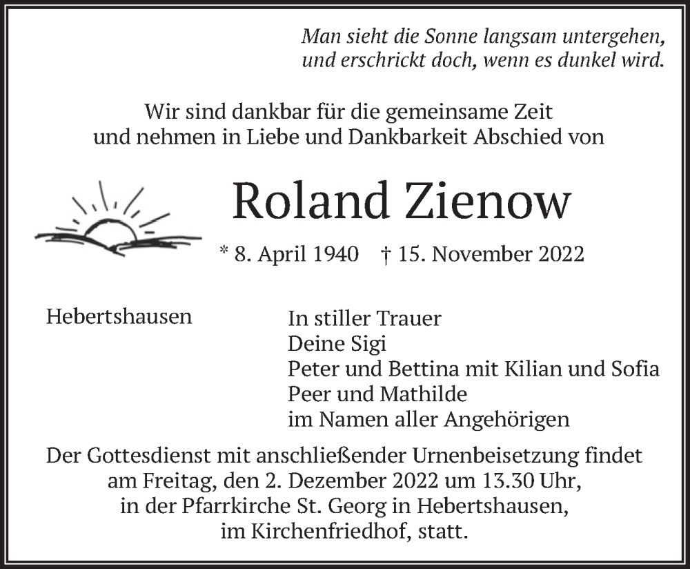  Traueranzeige für Roland Zienow vom 26.11.2022 aus merkurtz