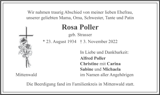 Traueranzeige von Rosa Poller von merkurtz