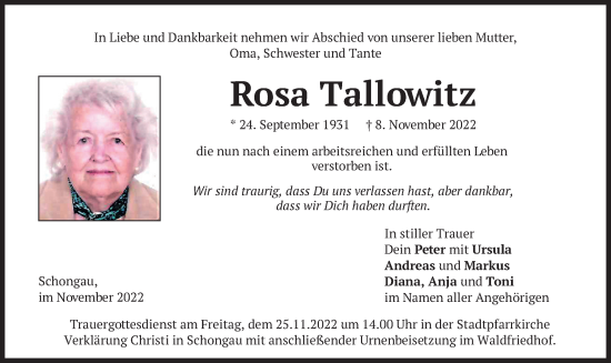 Traueranzeige von Rosa Tallowitz von merkurtz