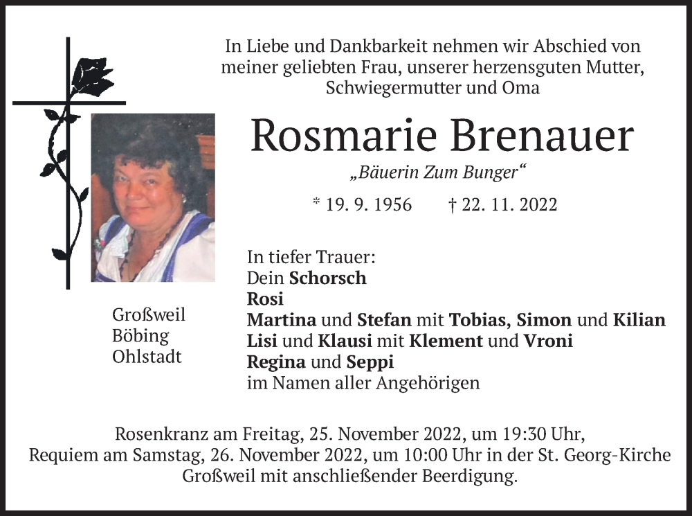  Traueranzeige für Rosmarie Brenauer vom 24.11.2022 aus merkurtz