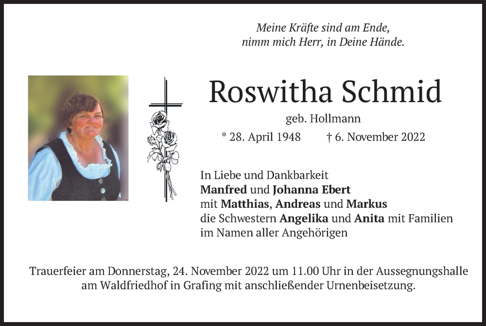  Traueranzeige für Roswitha Schmid vom 12.11.2022 aus merkurtz