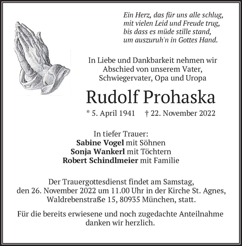  Traueranzeige für Rudolf Prohaska vom 25.11.2022 aus merkurtz