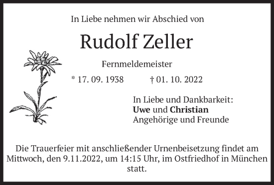 Traueranzeige von Rudolf Zeller von merkurtz