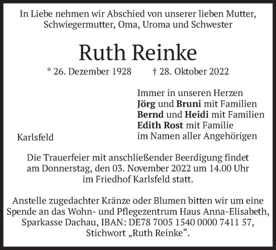 Traueranzeige von Ruth Reinke von merkurtz