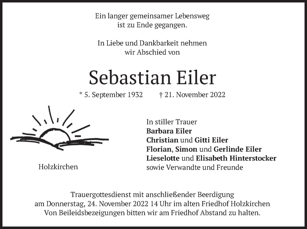  Traueranzeige für Sebastian Eiler vom 23.11.2022 aus merkurtz