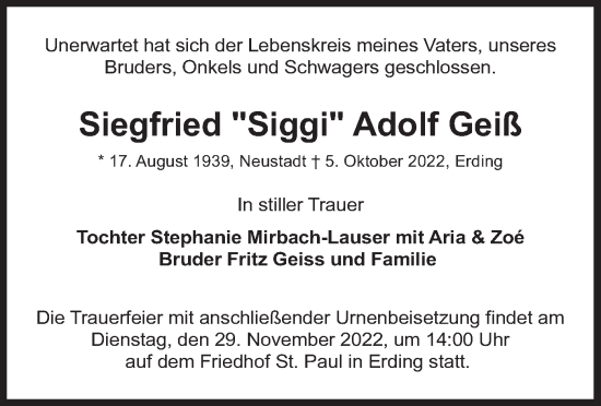 Traueranzeige von Siegfried Adolf Geiß von merkurtz
