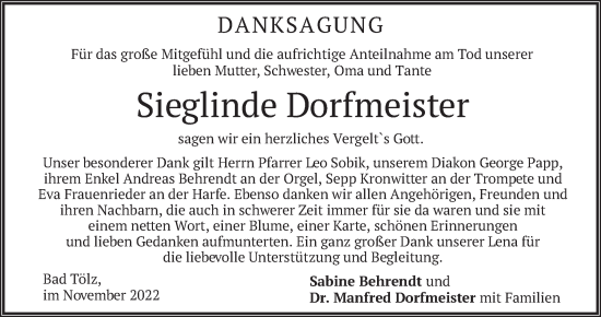 Traueranzeige von Sieglinde Dorfmeister von merkurtz