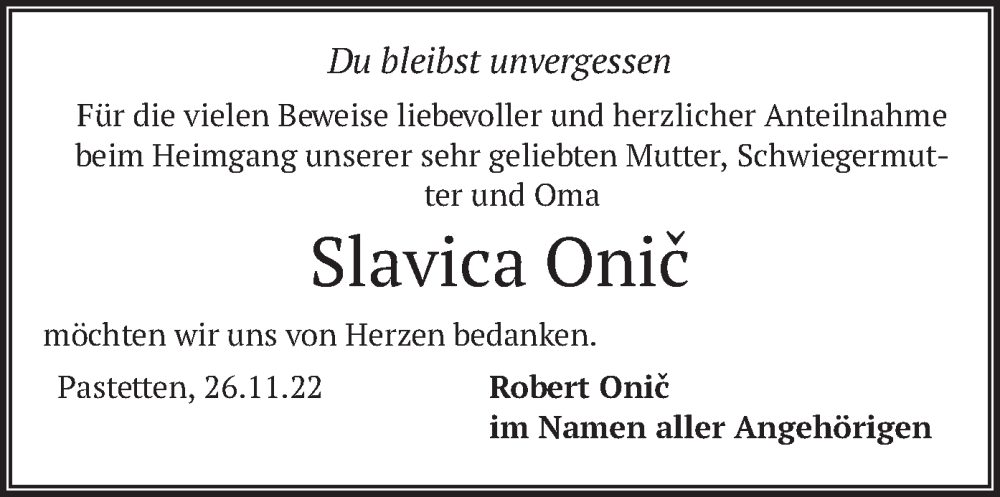  Traueranzeige für Slavica Onic vom 26.11.2022 aus merkurtz