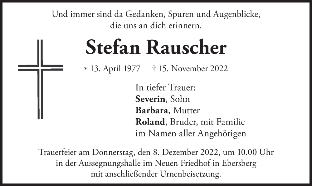 Traueranzeige für Stefan Rauscher vom 26.11.2022 aus merkurtz
